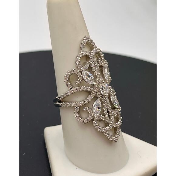 Designer Signed Sterling Silver 925 Filigree Marquise and Pave CZ Ring Sz 8.5 - Picture 8 of 11